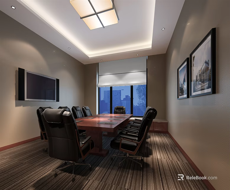 Modern Conference Room Interior With Wooden Table Black Leather Chairs TV And Wall Paintings 3d model 