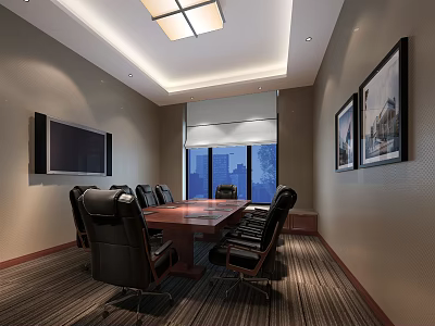 Modern Conference Room Interior With Wooden Table Black Leather Chairs TV And Wall Paintings 3d model