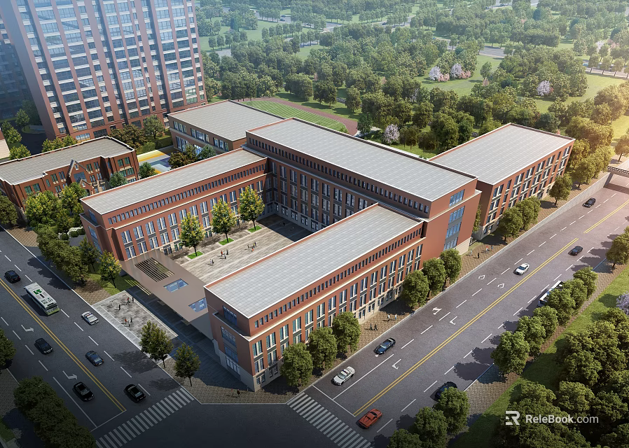 Aerial View Of Modern School Buildings With Roads And Greenery 3d model 