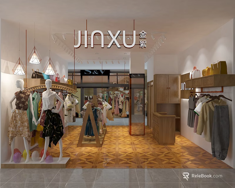 JINXU Clothing Store Interior With Mannequins Display Racks Wooden Shelves And Pendant Lights 3d model 