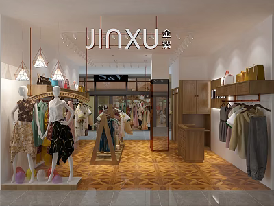 JINXU Clothing Store Interior With Mannequins Display Racks Wooden Shelves And Pendant Lights 3d model
