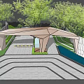 Modern Geometric Entrance Gate with Glass Panels Surrounded by Green Trees and Driveway