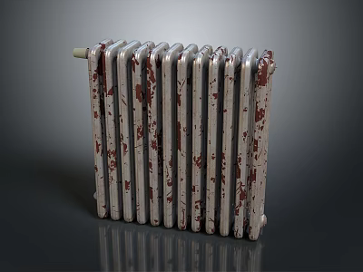 Vintage Radiator Featuring Multiple Fins Peeling Silver Red Paint Retro Reflective Surface on Dark Background 3d model