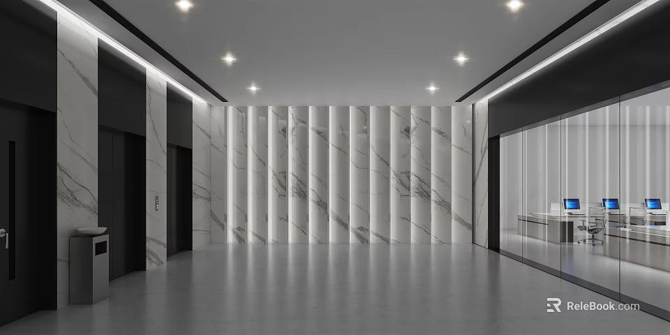 Modern Elevator Hallway With Marble Wall Panels Recessed Ceiling Lights And Polished Floor 3d model 