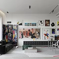 Modern Living Room Interior Design with Black Sofa Art Paintings Coffee Table and Patterned Rug