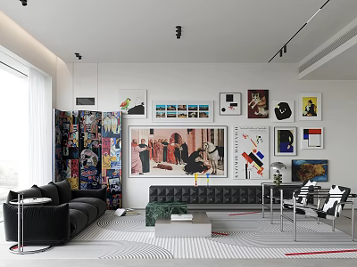 Modern Living Room Interior Design with Black Sofa Art Paintings Coffee Table and Patterned Rug 3d model