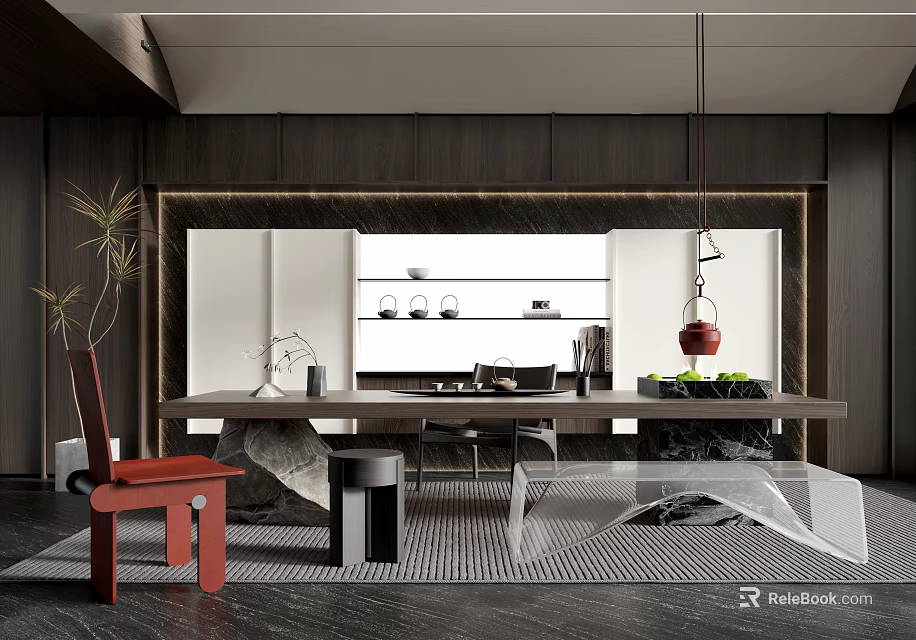 Modern Tea Room Interior With Table Chairs And Decor 3d model