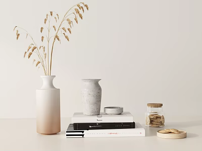 Decorative Ornament Set With Gradient Vase Dried Flowers Gray Vase Books And Wooden Jar 3d model