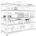 Metal Storage Shelf With Black Boxes Blue Bins Tires Yellow Oil Cans And Toolboxes