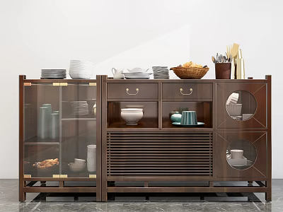 Elegant Dark Brown Wooden Sideboard With Glass Doors Brass Handles And Ceramic Dishes On Top 3d model