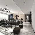 Modern Open Dining and Living Room Interior With Marble Floor Pendant Lights And Large Windows