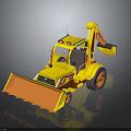Yellow Wheeled Backhoe Loader With Orange Front Bucket And Excavator Arm