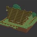 Pixel Art Wooden House With Brown Roof Green Trees And Fence