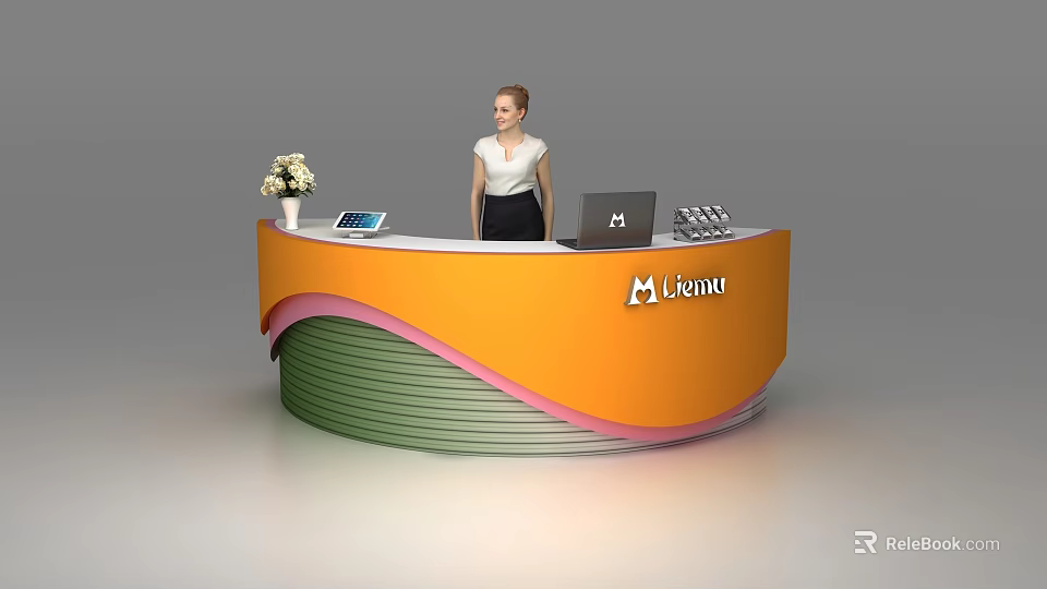 Modern Colorful Curved Reception Desk with Vase Tablet Laptop and Mianu Logo and Receptionist Standing 3d model 