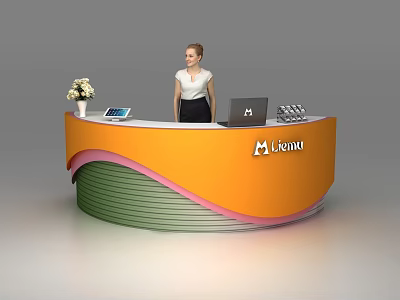 Modern Colorful Curved Reception Desk with Vase Tablet Laptop and Mianu Logo and Receptionist Standing 3d model