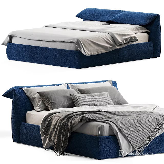 Modern Blue Double Bed With Gray Pillows White Sheets And Gray Blanket 3d model 