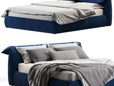 Modern Blue Double Bed With Gray Pillows White Sheets And Gray Blanket 3d model