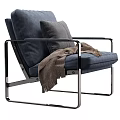 Modern Navy Blue Single Seater Sofa With Grey Cushion Brown Throw Blanket And Metal Frame