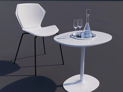 Modern White Round Table and Chair with Black Legs Transparent Water Bottle and Wine Glasses 3d model