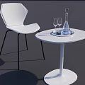 Modern White Round Table and Chair with Black Legs Transparent Water Bottle and Wine Glasses