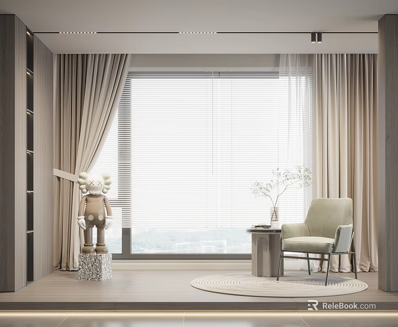 Beige Curtains with Window Blinds in Modern Room Interior Accent Chair and Decorative Items 3d model 