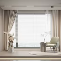 Beige Curtains with Window Blinds in Modern Room Interior Accent Chair and Decorative Items