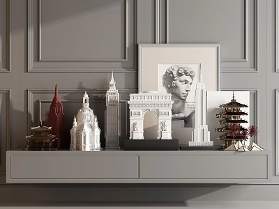 Decorative Ornament Set on White Shelf Gray Wall Moldings Featuring Architectural Models Black White Portrait 3d model