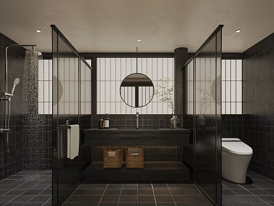 Modern Dark Tiled Bathroom With Glass Partitions Round Mirror And Practical Wet Dry Separation Design 3d model