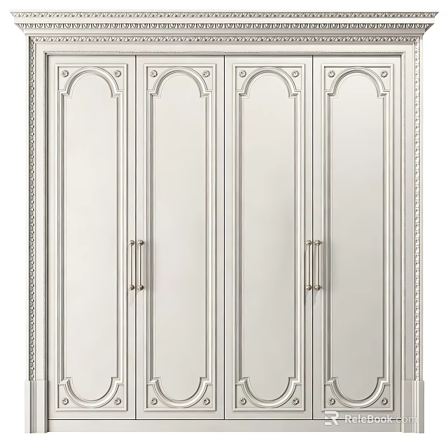 Elegant Off White European Four Door Wardrobe With Exquisite Carved Details For Bedroom Storage 3d model 
