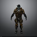 Futuristic Sci Fi Armored Character With Orange Black Mechanical Suit And Helmet