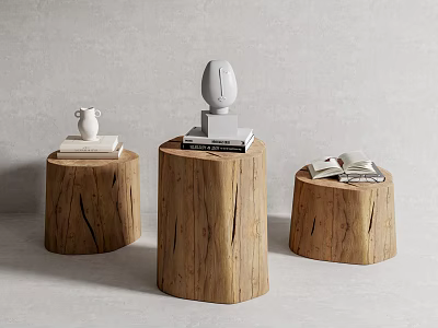 Natural Wooden Tree Stump Stools With Books And Decorative Items On Top 3d model