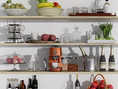 Organized Kitchen Utensils on Shelves Featuring Coffee Maker Glassware Ice Bucket Fruits and Wine Bottles 3d model