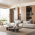 Modern Living Room Interior With Beige Sofa Round Coffee Table Hanging Chandelier And Wooden Wall