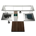 Sleek Modern Bar Counter Featuring Stainless Steel Sink Faucet Wooden Top And Trash Bin