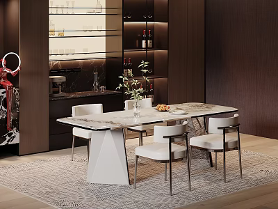 Elegant Modern Restaurant Interior With Marble Dining Table White Chairs And Wine Rack 3d model