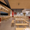 Modern Restaurant Interior With Wooden Benches Open Counter And Spacious Layout