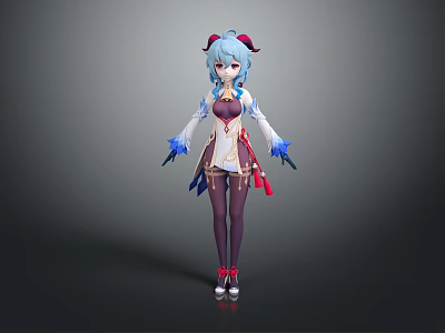 Anime Style Female Character With Blue Hair White Costume Purple Stockings And Red Shoes 3d model