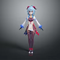 Anime Style Female Character With Blue Hair White Costume Purple Stockings And Red Shoes