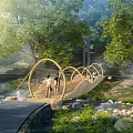 Scenic Landscape Bridge With Curved Wooden Structure People Walking Amidst Trees And Stream