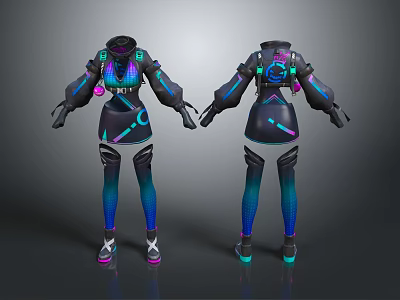 Futuristic Techwear Suit Design With Neon Purple Blue Gradient And Glowing Details Front Back Views 3d model