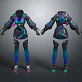 Futuristic Techwear Suit Design With Neon Purple Blue Gradient And Glowing Details Front Back Views