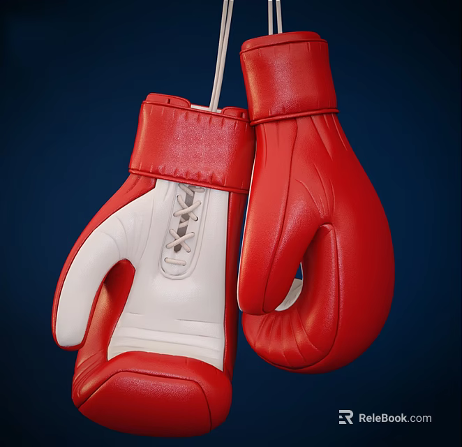 Red and White Leather Boxing Gloves Hanging On Dark Blue Background 3d model 