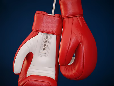 Red and White Leather Boxing Gloves Hanging On Dark Blue Background 3d model