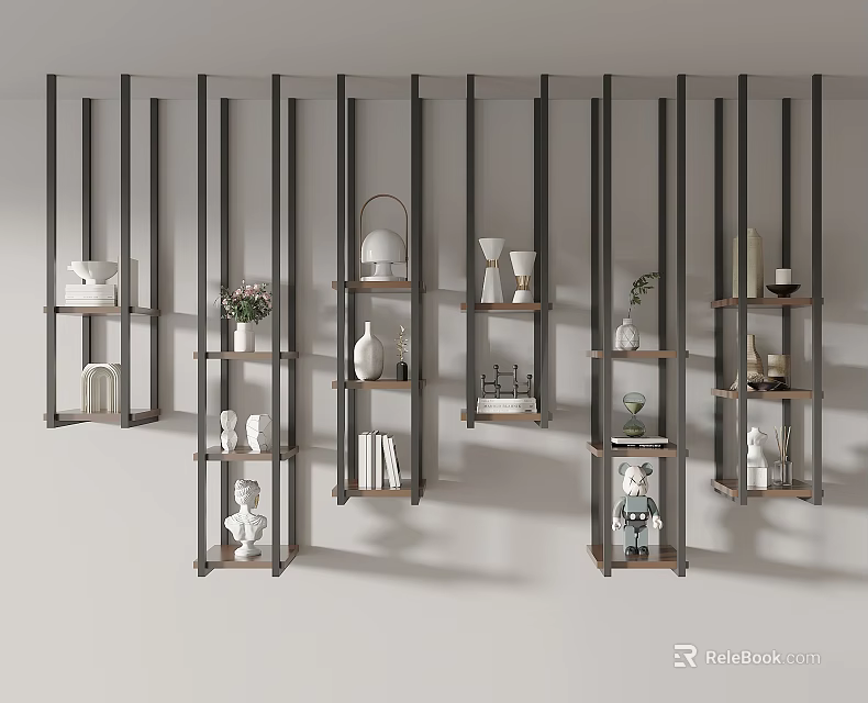 Modern Minimalist Shelving Units With Metal Frames Wood Shelves And Decorative Sculptures Vases Plants 3d model 