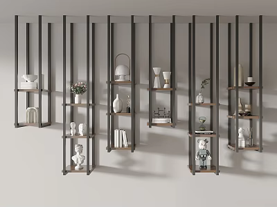 Modern Minimalist Shelving Units With Metal Frames Wood Shelves And Decorative Sculptures Vases Plants 3d model
