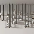Modern Minimalist Shelving Units With Metal Frames Wood Shelves And Decorative Sculptures Vases Plants