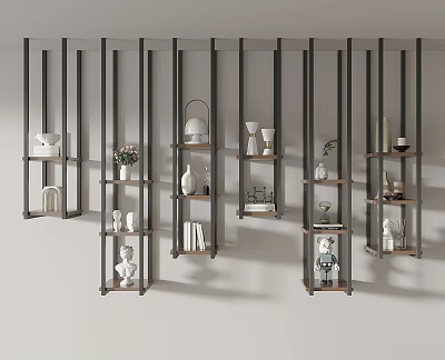 Modern Minimalist Shelving Units With Metal Frames Wood Shelves And Decorative Sculptures Vases Plants 3d model