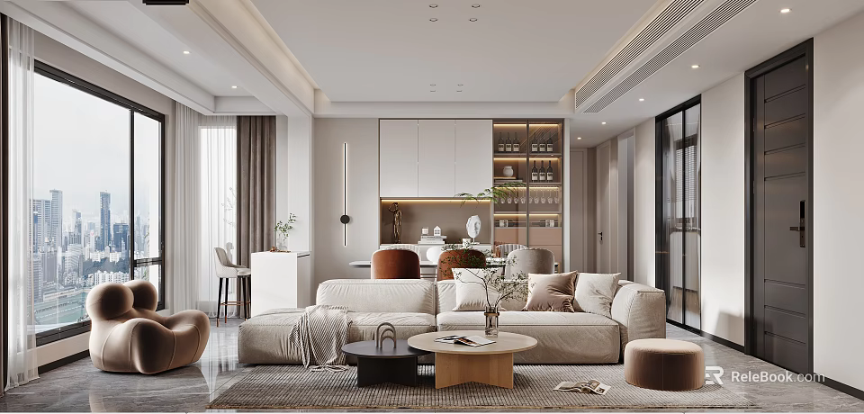 Modern Living Dining Room Interior Design With Beige Sofa Coffee Table And Dining Table Chairs 3d model