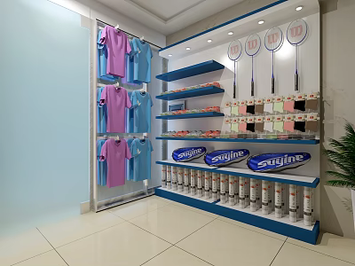 Modern Sports Store Interior With Colorful Clothing Badminton Rackets And Suflne Cans On Shelves 3d model