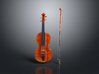 Beautiful Handcrafted Wooden Violin With Bow And Natural Wood Grain 3d model